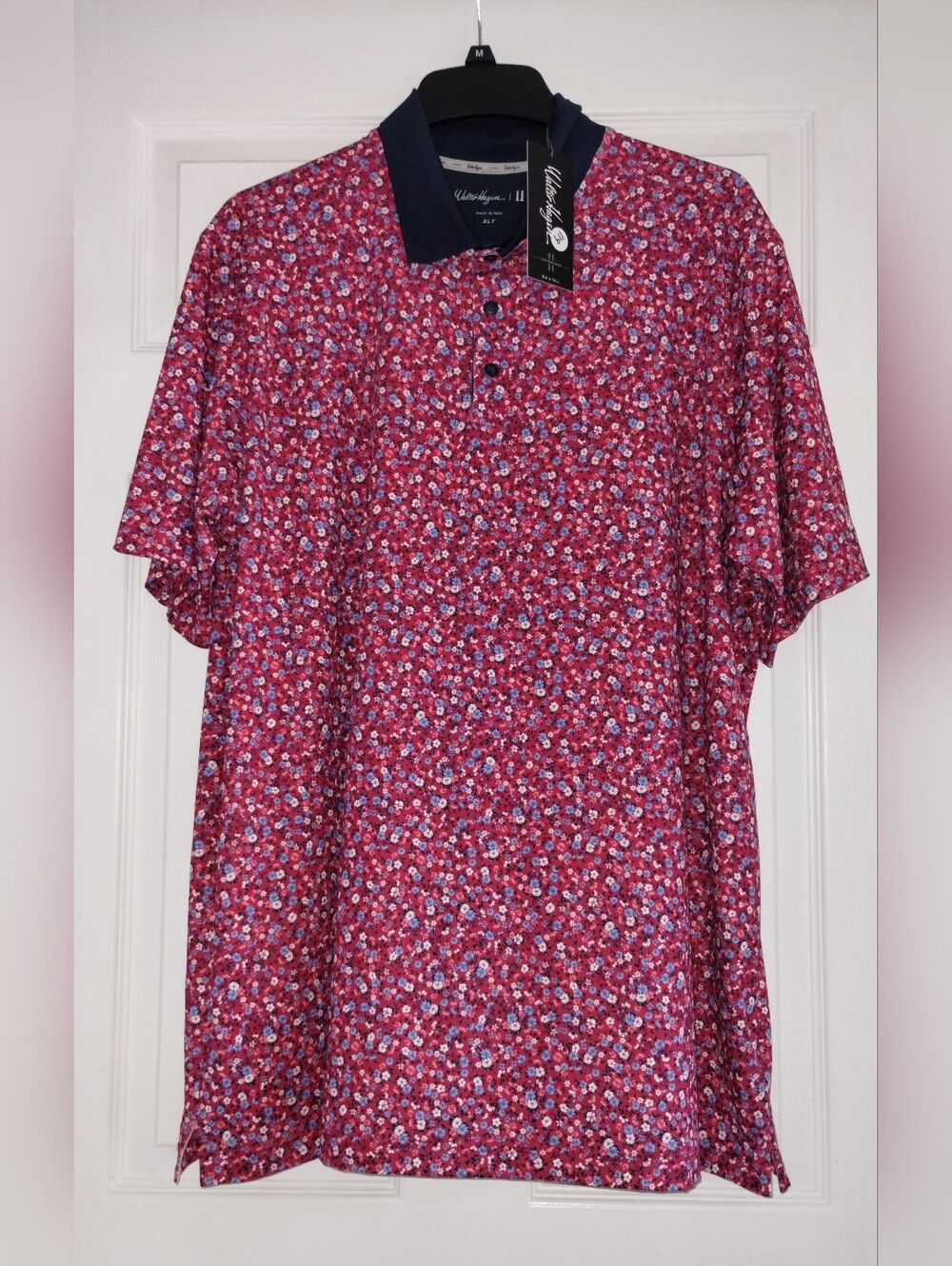 Men's Walter Hagen Pink Floral Polo with Navy Collar